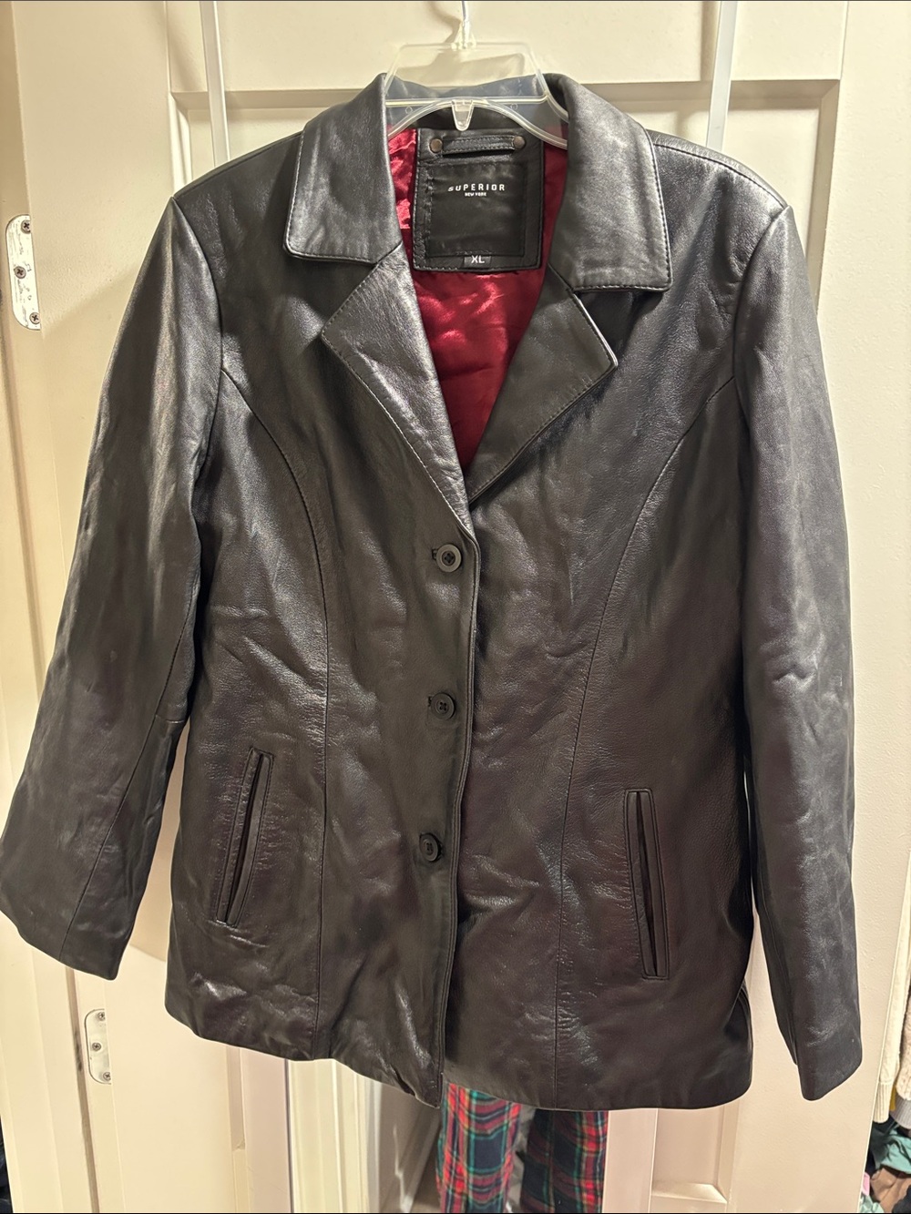 Women’s Black Leather Blazer with burgundy Lining - XL